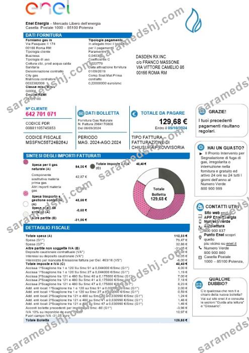 Italy Enel Energia business utility bill template in Word and PDF formats